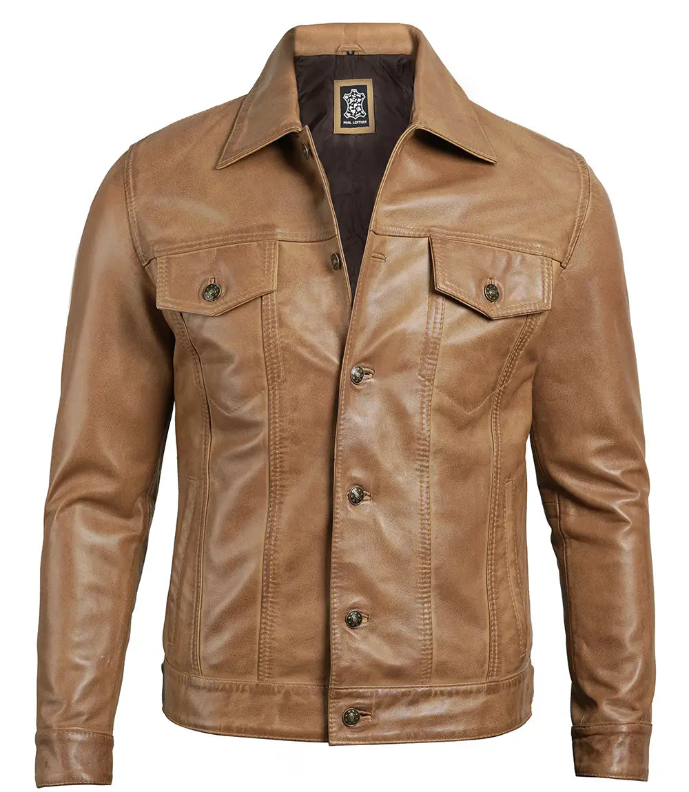Matthew Men’s Shirt Collar Camel Brown Leather Trucker Jacket