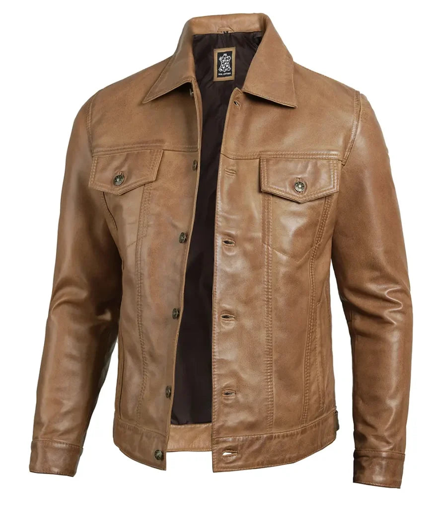 Matthew Men’s Shirt Collar Camel Brown Leather Trucker Jacket