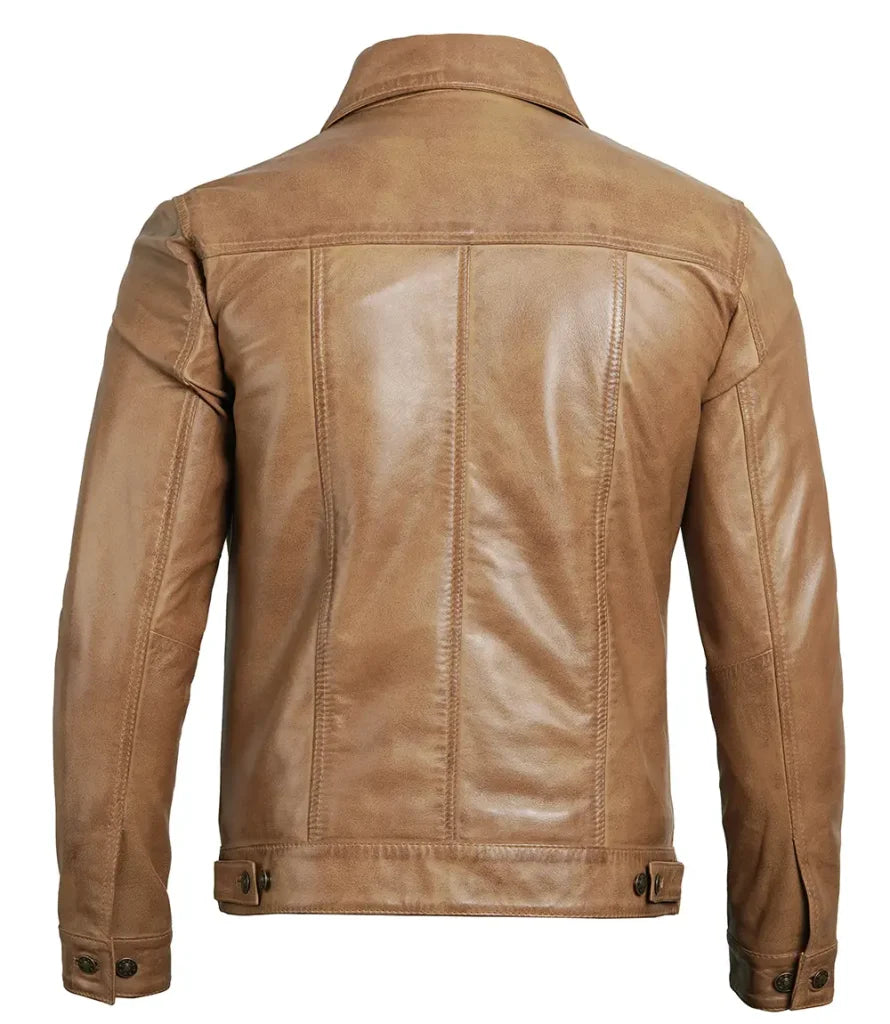 Matthew Men’s Shirt Collar Camel Brown Leather Trucker Jacket