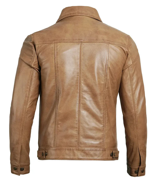 Matthew Men’s Shirt Collar Camel Brown Leather Trucker Jacket