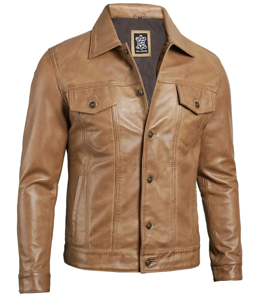 Matthew Men’s Shirt Collar Camel Brown Leather Trucker Jacket